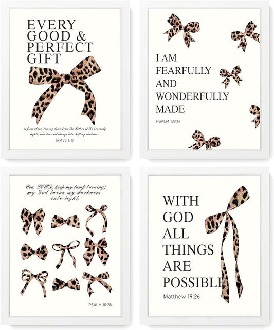 LARTSFRO Coquette Leopard Bow Wall Art Decor Posters, Y2K Cheetah Leopard Bow Room Bedroom Bathroom Dorm Wall Art Decor Aesthetic for College Teen Girls Gifts, Inspirational Bible Verses Bow Wall Decor, 10x8 Inch Set of 4 Pcs Cheetah Bow Pictures (WHIT...
