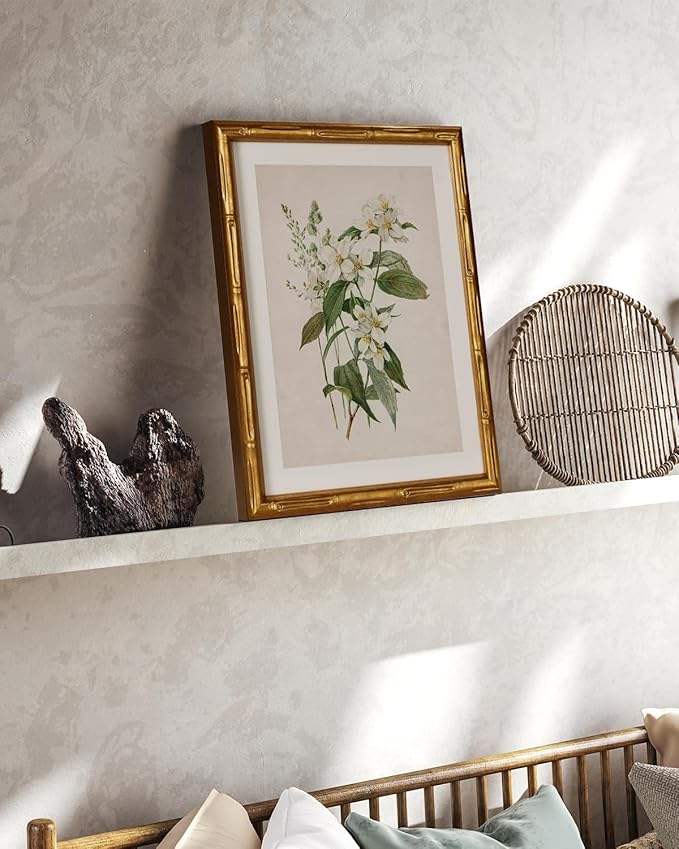 InSimSea Gold Bamboo Framed Canvas Wall Art, Neutral Floral Botanical Paintings, Antique Vintage Picture Frame with Mat, Victorian Home Wall Decor for Living Room Bedroom, 11x14inch