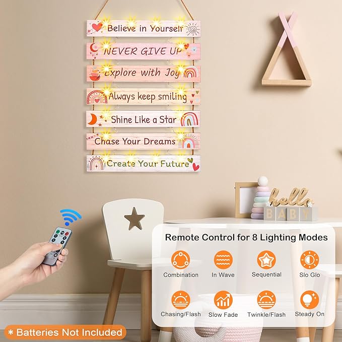 FIOBEE Girls Room Décor for Teen Girls Boys with LED Light Wall Decor for Bedroom Motivational Inspirational Wall Art Room Decoration for Kids Studyroom, 8 Kinds of Lights, Pink Boho
