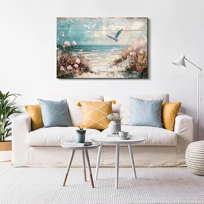 Large Ocean Beach Wall Art Seagull Wall Decor Coastal Picture Canvas Prints Nautical Painting Watercolor Seabird Beach Poster Vintage Seascape Artwork for Kitchen Living Room Home Decoration 32x48"