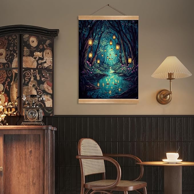 Fantasy Forest Canvas Wall Art Decor,Magic Forest Scene Poster,Enchanting Whimsical Art Print for Magic Lovers, Fairy Wonderland Dark Night Fireflies River Poster for Bedrooms&Living Rooms (Fantasy)