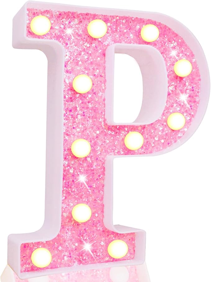 Pooqla LED Marquee Letter Lights, Pink Glitter Light Up Letters Alphabet Sign Battery Powered Night Light, Birthday Party Wedding Girls Gifts, Christmas Room Dorm Bedroom Decoration, Pink Letter P