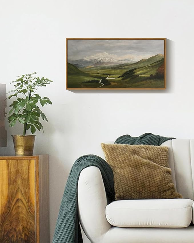 SHENIFY Vintage Framed Wall Art Mountain Range Valley River Landscape Painting Retro Meadow Scenery Farmhouse Kitchen Living Room Decor - 8x16in Natural Framed