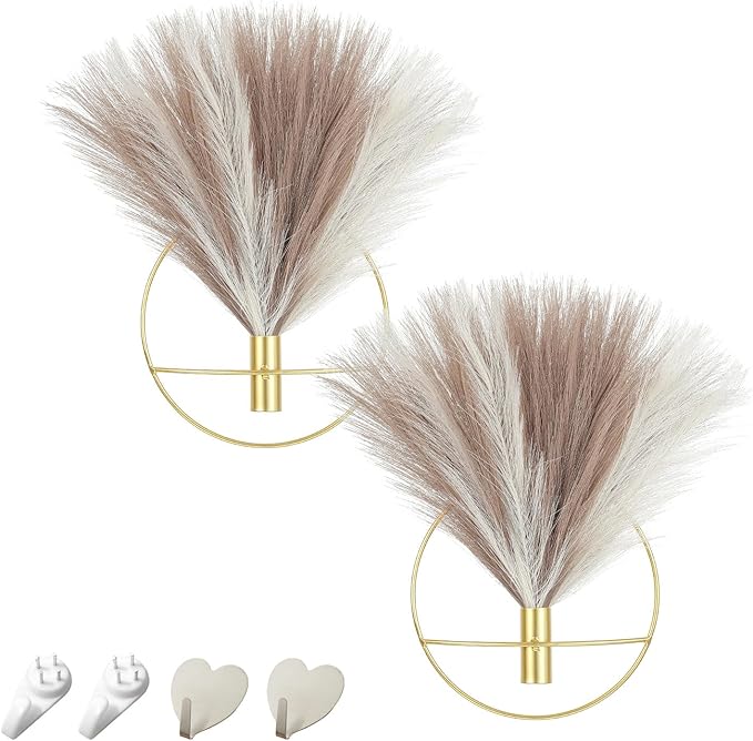 Pretty Jolly Boho Wall Art, Hanging Artificial Pampas Display, 2 Pack - Beige, Coffee, Gold - Living Room, Bedroom, Bathroom, Dining Room