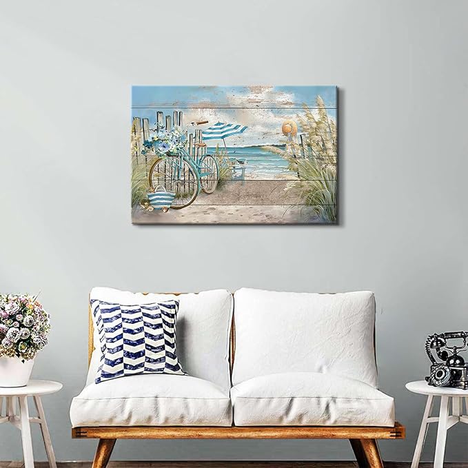 Beach Wall Art Seaside Bicycle Canvas Prints Pictures for Bathroom Decor Ocean Coastal Landscape Wall Decor Nautical Blue Seascape Painting Artwork for Kitchen Living Room Home Decoration 24x36"