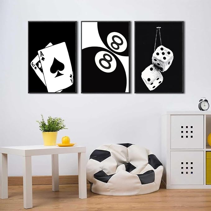 3Pcs Black and White Poker Dice Canvas Wall Art Lucky You Poster Prints Trendy Funky Preppy Y2K 8 Ball Pictures Artwork Aesthetic Painting for Game Room Apartment Dorm Decor 16x24in Unframed