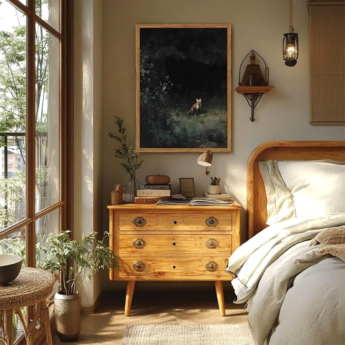 Framed Vintage Wall Art, Cottagecore Fox Wall Decor Paintings, Rustic Forest Animal Landscape Pictures Canvas Prints Country Farmhouse Home Decor for Living Room Bedroom 12x16 inch
