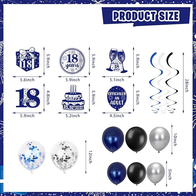 Mpanwen 18th Birthday Decorations for Boys, 113 Pcs Blue Official 18 Year Old Bday Party Decor Supplies for Boy Men with Backdrop, Banner, Tablecloth, Centerpieces, Hanging Swirls, Hat, Wall Signs