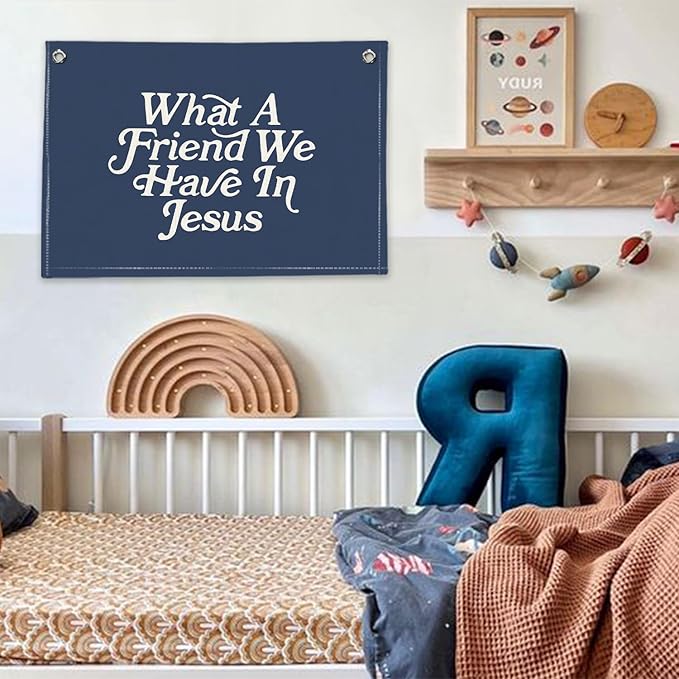 RTXLEZM Kids Room Decor - What a Friend We Have in Jesus Christian Canvas Banner Wall Hanging,Navy Blue Minimalist Bible Verse Wall Art Prints for Classroom, Nursery, Kids Room 20x30