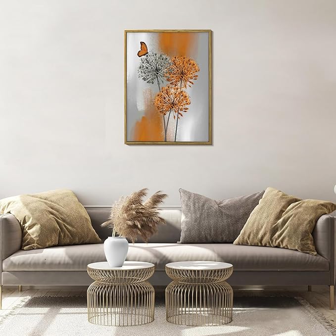 LB Orange Dandelion Framed Wall Art with Butterfly - Modern Orange Grey Canvas Wall Art for Home Contemporary Aesthetic Wall Decor for Home, Ready to Hang 17x12 Inch, Living Room Bedroom Bathroom Decor