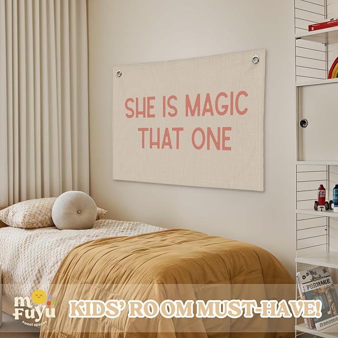 Girls Room Decor，She Is Magic That One Linen Canvas Banner– Inspirational Wall Art for Nursery Kids，Girl Room Decor – 30x20 Inch