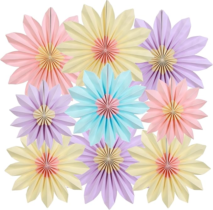 PAPER JAZZ Sunflower Party Decorations Pastel Paper Fans Party Decor Summer Beige Spring Decoration, Blue Pink Hanging Purple Flower Garland Sunflower Wall Decorations for Tea,Garden,Fairy Party.