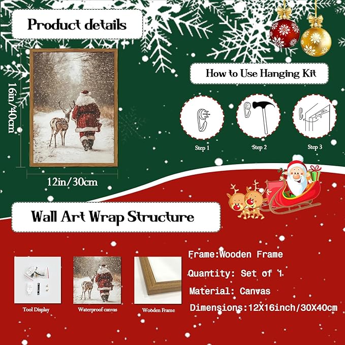 Framed Vintage Christmas Canvas Wall Art, Santa Claus Reindeer Snowy Forest Wall Decor Paintings, Rustic Winter Holiday Aesthetic Pictures Prints Xmas Home Decor for Living Room Bedroom 12×16 inch