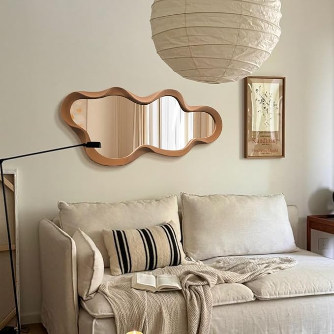 Wavy Mirror Wall Decor for Girly Bedroom, 13.8x29.9 Cute Abstract Decorative Mirrors for Modern Apartment Nursery Room Decoration, Large Hanging Wall Art Above Dresser Desk Table Decor (Brown)