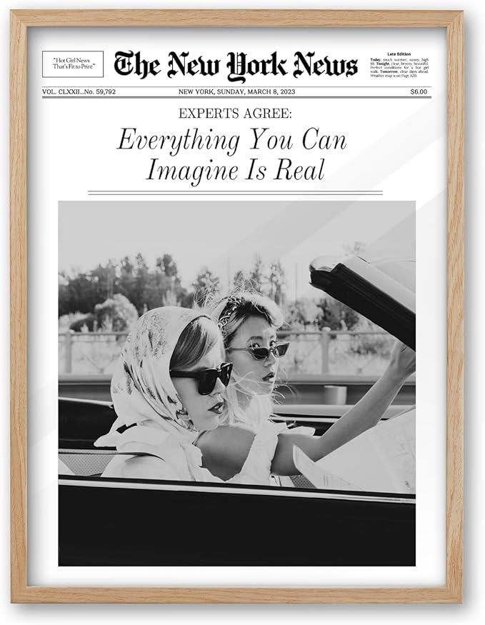 iHery Everything You Can Imagine Is Real Framed Trendy NewsPaper Wall Art, Natural OAK Wood Large 16x20in Canvas Wall Art Decor For Bedroom, Vintage Hot Girls Prints Living Room Home Décor 1Pack