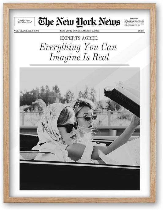 iHery Small Everything You Can Imagine Is Real Framed Trendy NewsPaper Wall Art, Natural OAK Wood 8x10in Canvas Wall Art Decor For Bedroom, Vintage Prints Living Room Home Décor 1Pack