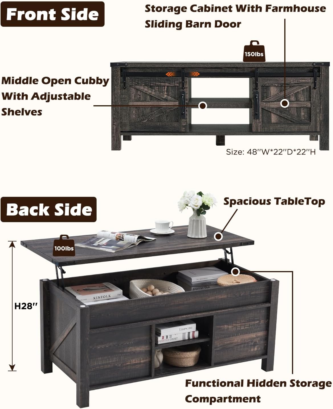 OKD 48" Farmhouse Lift Top Coffee Table with Sliding Barn Door,Rustic Center Table with Hidden Storage Compartment,Lifting Tabletop and Adjustable Shelf for Living Room,Office,Dark Rustic Oak