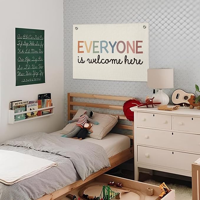 Welcome Sign for Classroom, Boho Classroom Must Haves Decorations for Teachers, Neutral Cute Everyone is Welcome Here Linen Canvas Banner