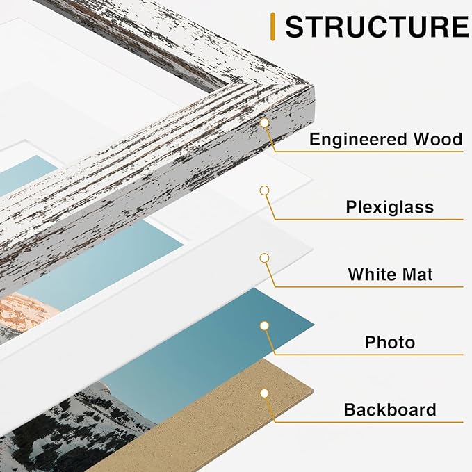 Vittanly Picture Frames Set of 10, Picture Frames Collage Wall Decor with Two 8x10, Four 5x7, and Four 4x6 Photo Frames, Gallery Wall Frame Set for Wall or Tabletop Display, Distressed White