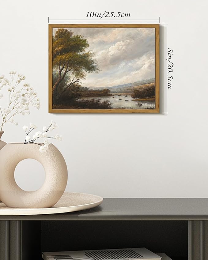 SHENIFY Vintage Landscape Framed Wall Art Riverside Scenery Farmhouse Decor Retro Boat Travel Painting for Kitchen Living Room Bedroom Bathroom - 8x10in Natural Framed