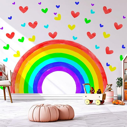 Large Watercolor Rainbow Wall Decals, Hearts Peel and Stick Fabric Nursery Wall Decor, Removable Home Room Wall Decor Murals Stickers for Kids Girls Toddler Bedroom Living Room Playroom