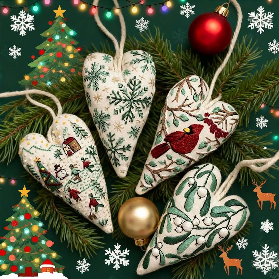 Christmas Ornament Embroidery Kit, DIY & Finished Heart Shaped Hand Embroidered Christmas Ornament/Ornament Kit, Beginner Friendly Cross Stitch Craft Set with Needles Thread (DIY)
