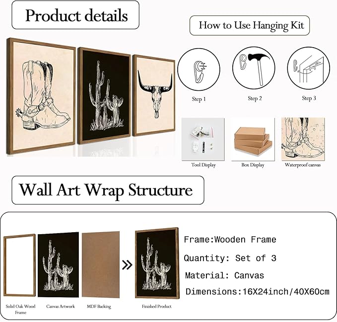 Vintage Western Wall Art Set of 3, Southwestern Cowboy Wall Decor Paintings, Black and White Longhorn Bull Skull Canvas Prints for Bedroom Living Room 16x24 inch Wood Framed