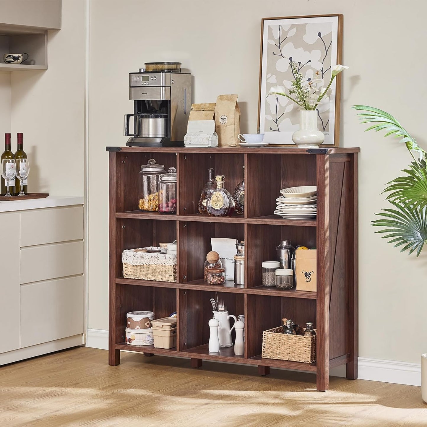 9 Cube Bookcase, Farmhouse 47 Inch Wide Brown Walnut Bookshelf, Wooden 3 Tier Display Large Open Book Shelf, Vintage Horizontal Book Case for Home Office, Cubby Storage Cabinet for Living Room
