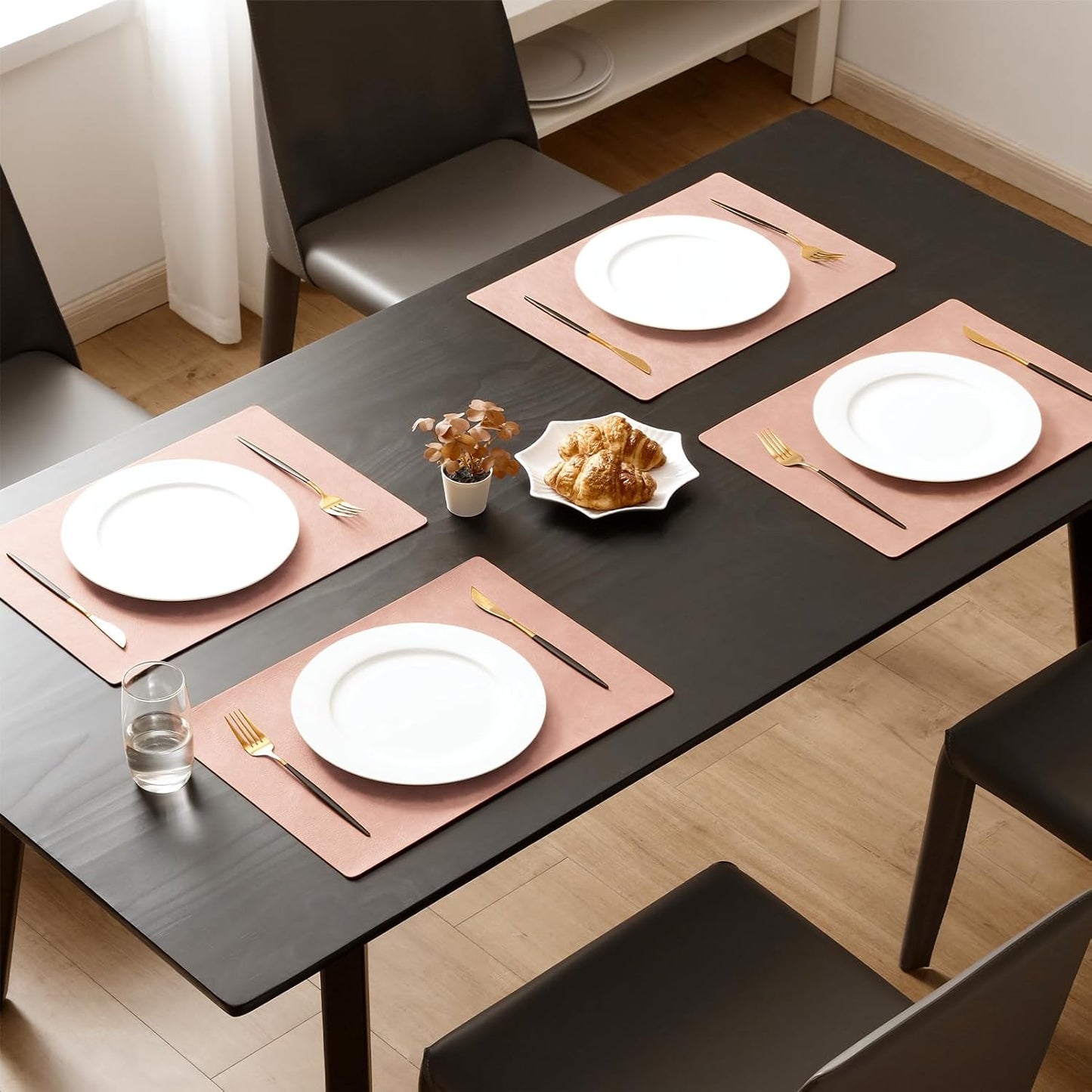 MOSAYT Vinyl Placemats Set of 4-12 X 17 Inch - Faux Leather 100% Waterproof Oil-Proof Wipeable PU Place Mats, Heat Resistant Reversible Table Mats for Kitchen, Dining, Outdoor (Pink)