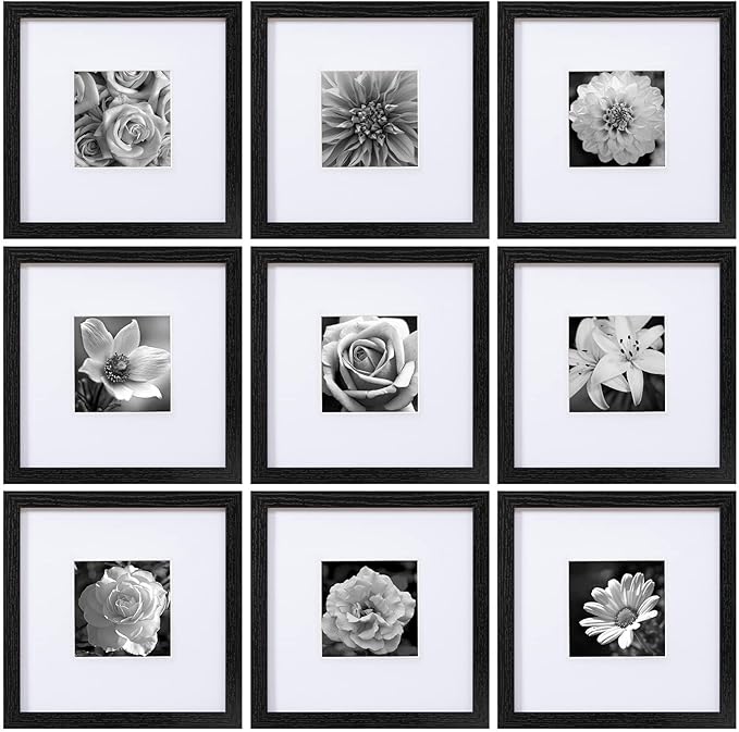 eletecpro 10x10 Picture Frames Set of 9 with Clear Acrylic Cover, Display 5x5 Photos with Mat or 10x10 Without, Classic and Sturdy Square Collage Gallery Wall Decor, Easy Wall Mount, Black