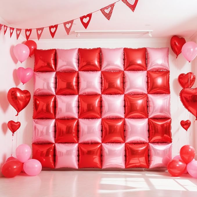 NISOCY 25PCS Red and Pearl Pink Square Foil Balloons Wall Backdrop Double Sided Red Pink Balloon Arch Kit for Birthday Bachelorette Anniversary Engagement Valentine's Day Strawberry Party Decoration