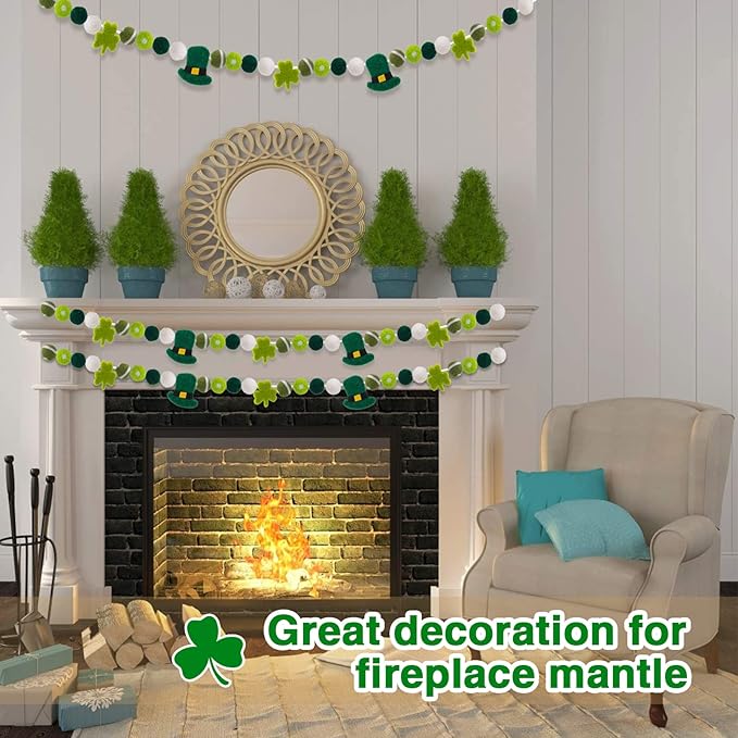3 Pack Felt St. Patrick's Day Decorations Garland - 6.6 Feet Pom Pom Felt Ball Shamrock Leprechaun Hat Irish Themed Party Favors for Home Bedroom Living Room Decor