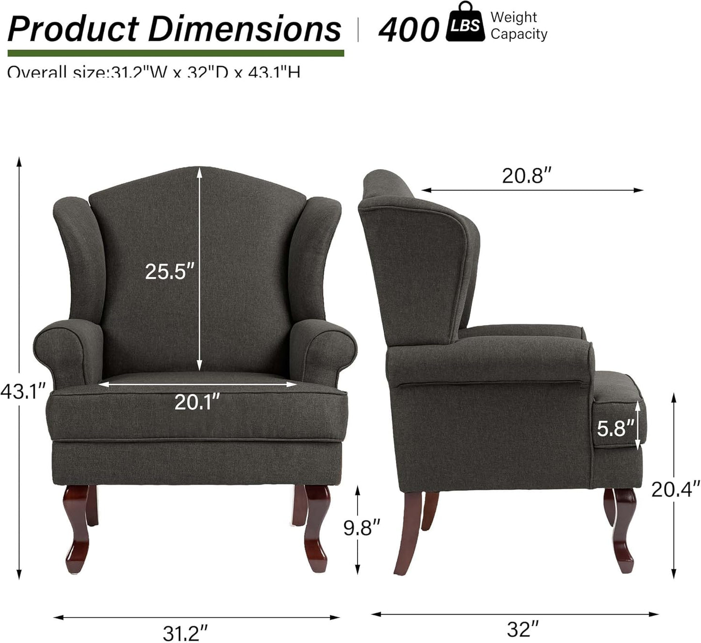 Accent Chair, High Back Upholstered Armchair with High Resilience Sponge & Wood Legs, Mid-Century Modern Comfy Single Sofa Reading Chairs for Living Room, Bedroom (Dark Grey, Set of 1)