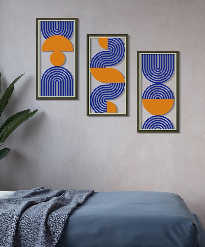 Putuo Decor Modern Minimalist Wall Decor Set of 3, Blue Orange MDF Cut-Out Geometric Line Panels, Abstract Vertical Art for Living Room Bedroom Office Wall Art