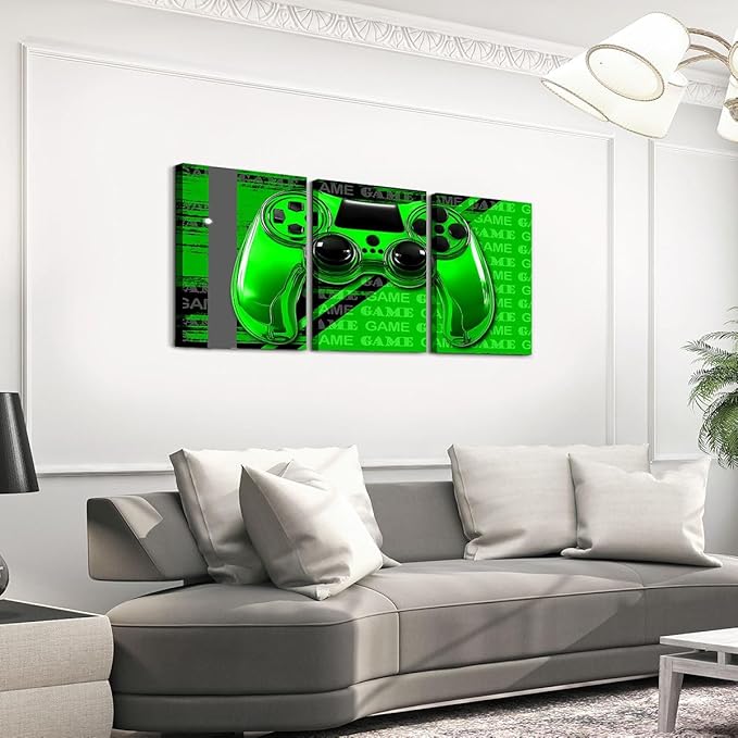 Feelyou Gamer Canvas Wall Art 12" x 16" 3 Piece Game Controller Office Wall Artwork Posters for Teens Adults Gaming Gifts Bathroom Wall Art for Home Gamepad Green and Black Wall Painting