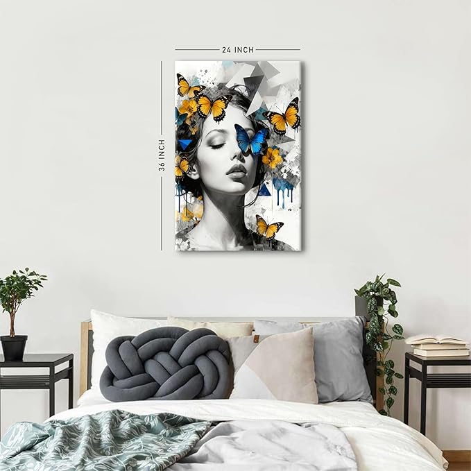 Women Butterfly Wall Art Abstract Feminine Canvas Artwork for Bedroom Black and White Woman Portrait Prints Paintings Yellow Blue Butterfly Posters for Living Room Bathroom Home Decorations 24x36"
