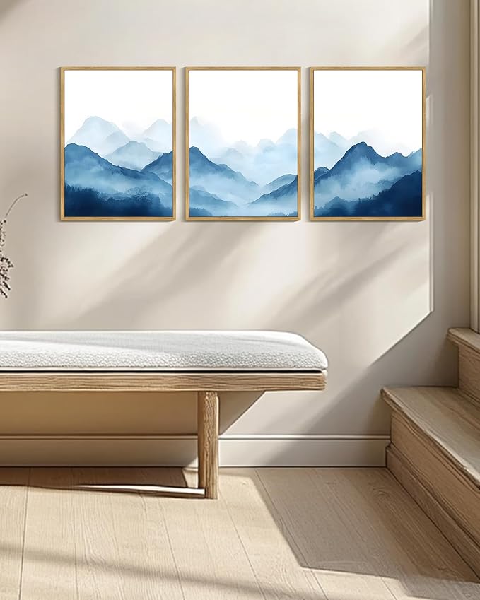Drsoum Blue Fog Mountains Landscape Wall Art Framed Vintage Nature Misty Nordic Prints Ink Wash Watercolor Boho Farmhouse Rustic Artwork Hallway Bedroom Ready to Hang 12x16in Natural Framed