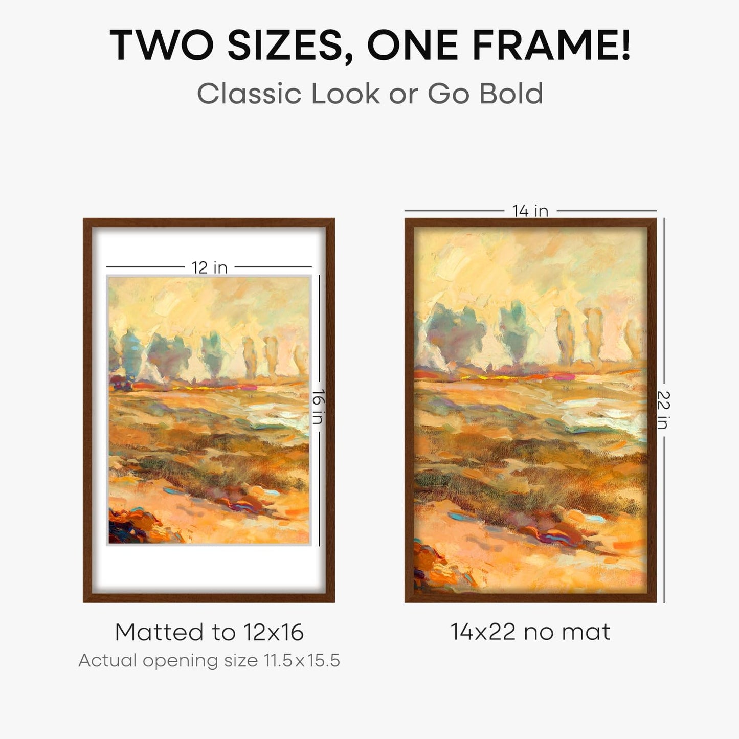 Homeforia 14x22 Picture Frame Brown, High End Dark Oak 14x22 Walnut Wooden Frames with Mat 12x16, 14 x 22 Wood Poster Frame Matted to 12 by 16, 22x14 Hanging Frames, Tempered Glass, Wall Kit, Set of 1