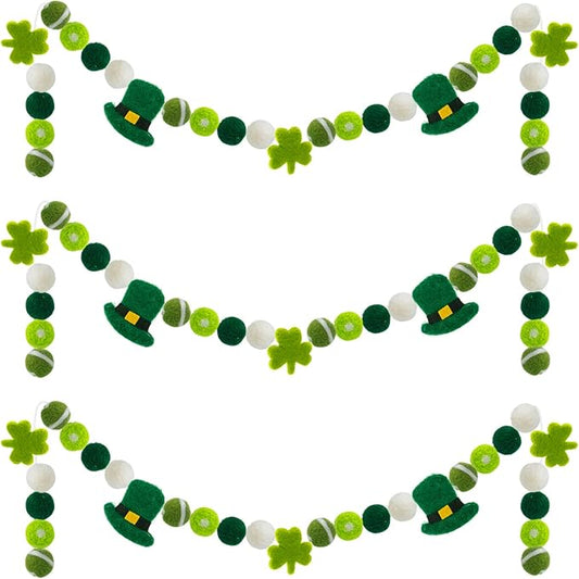 3 Pack Felt St. Patrick's Day Decorations Garland - 6.6 Feet Pom Pom Felt Ball Shamrock Leprechaun Hat Irish Themed Party Favors for Home Bedroom Living Room Decor