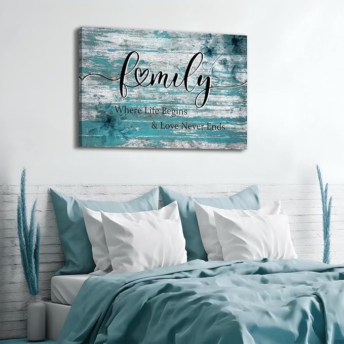 Large Family Wall Art Turquoise Wall Decor for Kitchen Inspirational Saying Canvas Prints Where Life Begins Love Never Ends Signs Picture Vintage Farmhouse Painting Artwork Home Decoration 32x48"