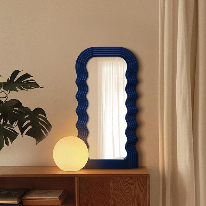 Funky Wall Mirror Decor for Hallway Entryway, 14x28 Asymmetrical Decorative Mirrors for Home Office Living Room, Maximalist Home Decor for Housewarming Christmas Wedding Gift (Dark Blue)