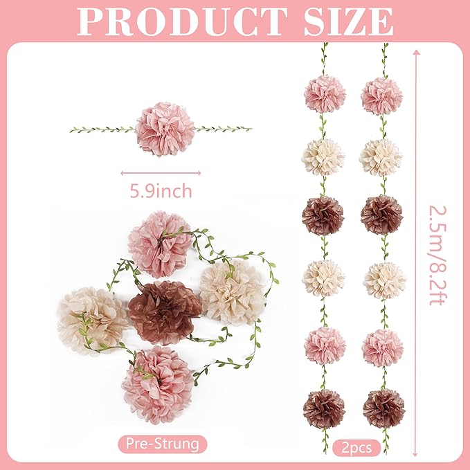 Dusty Pink Party Decorations Rose Gold Dusty Pink Beige Tissue Paper Flowers Pom Pom with Leaf Ribbon Hanging Garland Streamer for Birthday Baby Shower Wedding Bridal Shower Engagement Party Supplies