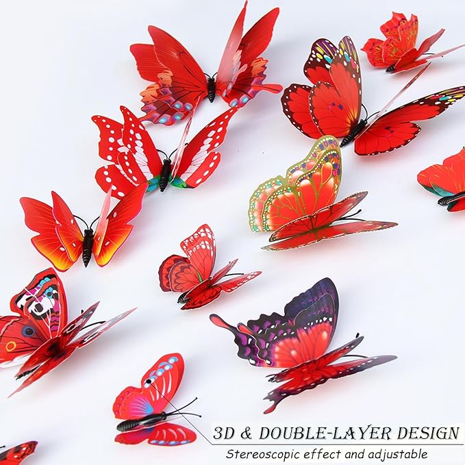 Butterfly Wall Decor 72 PCS, 3D Butterflies Stickers for Party Decorations with Magnets (Red, 72)