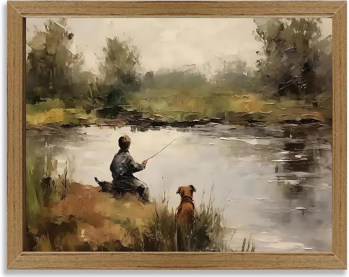 Vintage Fishing Wall Art Rustic Boy Dog Landscape Canvas Print Farmhouse Country Nursery Decor for Boys Bedroom Living Room 8x10inch Framed