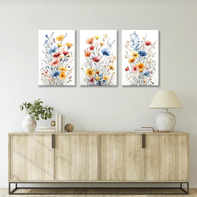 okudolit Colorful Wildflower Framed Canvas Wall Art Set Of 3 Flowers Pictures Prints Flowers Printing Floral Watercolors Flower wall Decor Living Room Bedroom Dinning Room Farmhouse Office-16 x24in
