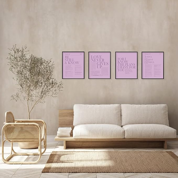 Locomiss Purple Christian Wall Art Decor, Modern Bible Verse Prints, Minimalist Jesus Scripture Wall Decor, Inspirational Bible Posters for Bedroom Office Living Room, Set of 4 (8x10 Unframed)