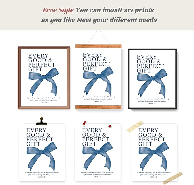 LARTSFRO Coquette Navy Blue Bow Wall Art Decor Posters, Navy Blue Bow Room Bedroom Bathroom Dorm Wall Art Decor Aesthetic for Teen Girls Gifts, Inspirational Bible Verses Bow Wall Decor, 10x8 Inch Set of 4 Pcs Bow Pictures (UNFRAMED)