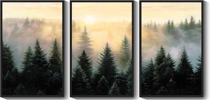 Drsoum Green Fog Pine Tree Landscape Wall Art Framed Nature Misty Nordic Forests Prints Morden Farmhouse Rustic Artwork Hallway Bedroom Ready to Hang 24x36in Black Framed