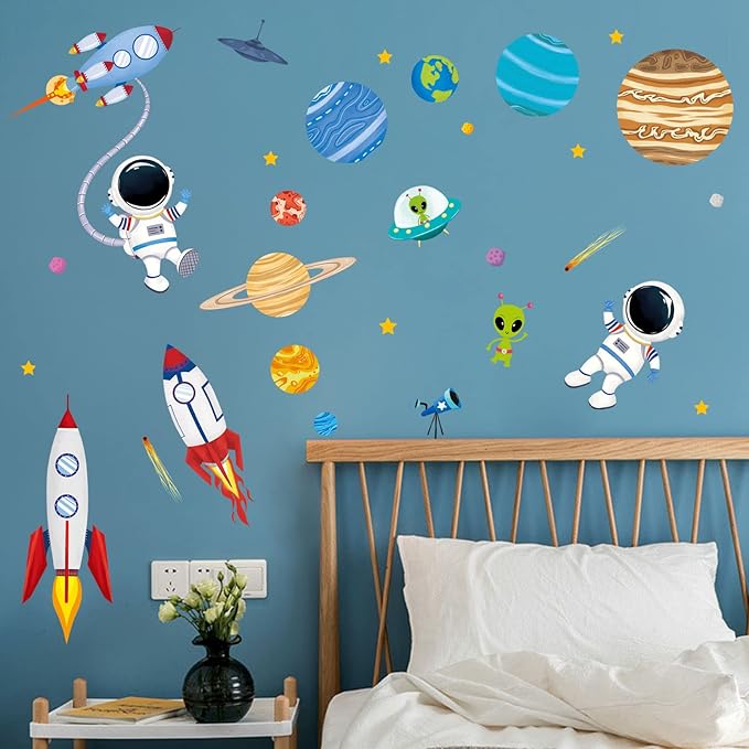 decalmile Outer Space Wall Decals Rocket Planets Astronaut Wall Stickers Baby Nursery Boys Bedroom Playroom Wall Decor