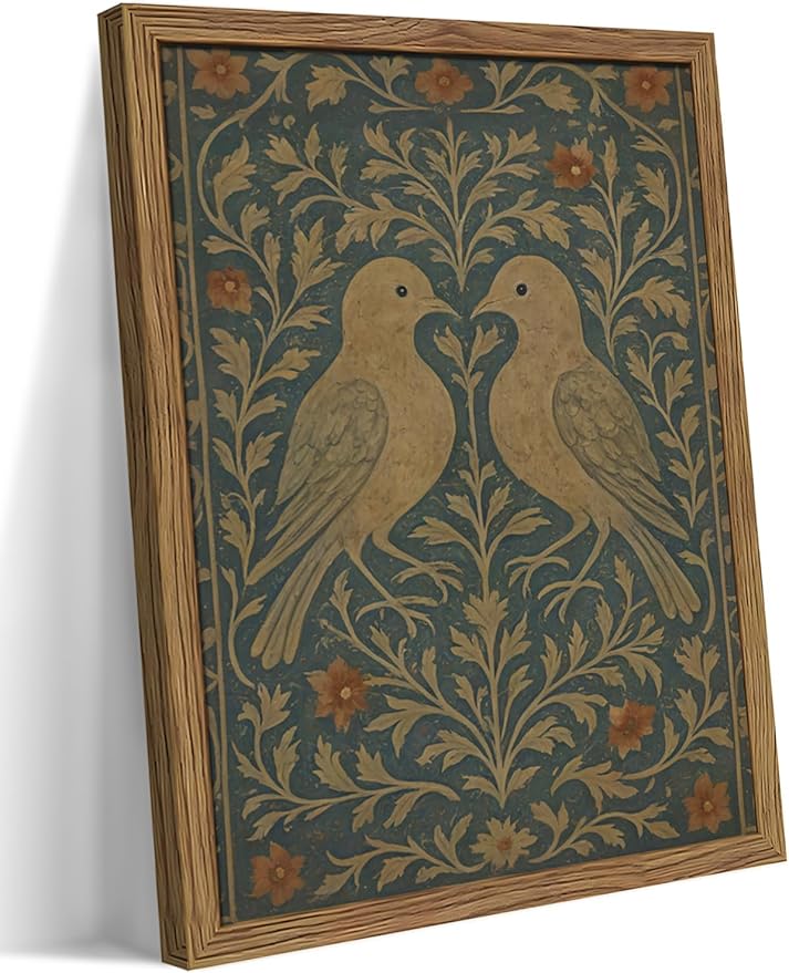 Framed Lovebirds Canvas Wall Art, Vintage Botanical Blue Rustic Wall Decor, Farmhouse Birds Botanical Pictures Prints, Nature Painting Artwork Aesthetic for Living Room Bedroom – 16x24 inch